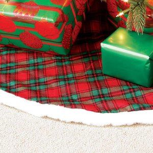 NEW Christmas Tree Skirt; Red & Green Plaid w Snow